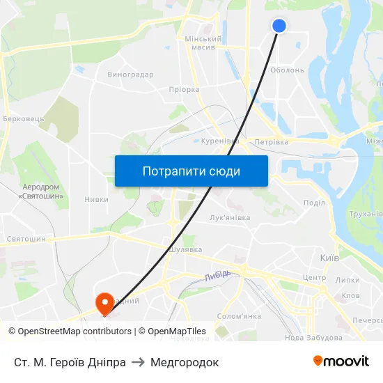 Ст. М. Героїв Дніпра to Медгородок map
