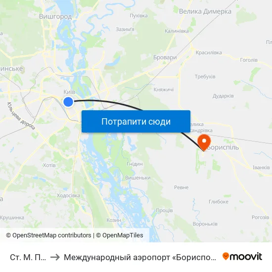 Ст. М. Палац Спорту to Международный аэропорт «Борисполь» (KBP) (Міжнародний аеропорт «Бориспіль») map