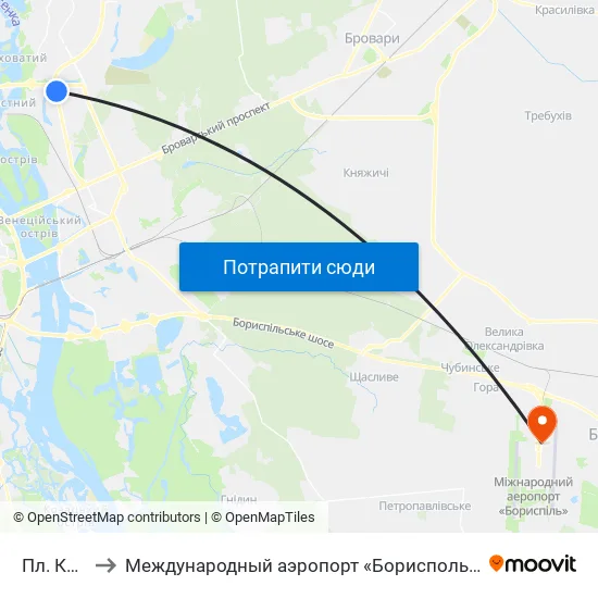 Пл. Керченська to Международный аэропорт «Борисполь» (KBP) (Міжнародний аеропорт «Бориспіль») map