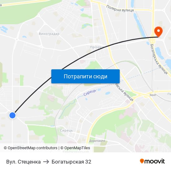 Вул. Стеценка to Богатырская 32 map