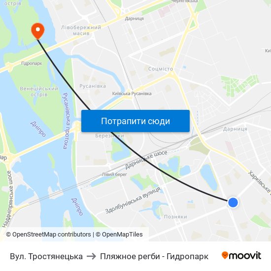 Вул. Тростянецька to Пляжное регби - Гидропарк map