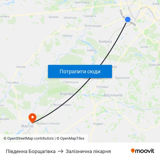 Південна Борщагівка to Залізнична лікарня map