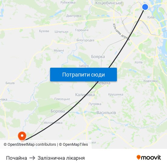 Почайна to Залізнична лікарня map