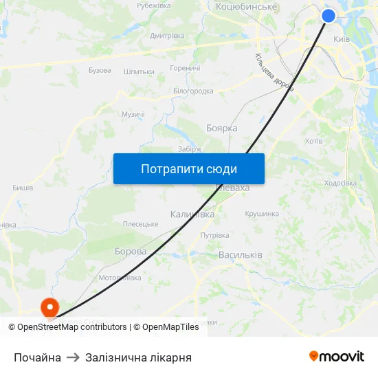 Почайна to Залізнична лікарня map