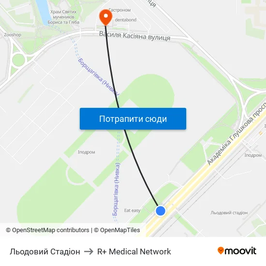 Льодовий Стадіон to R+ Medical Network map