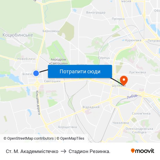 Ст. М. Академмістечко to Стадион Резинка. map