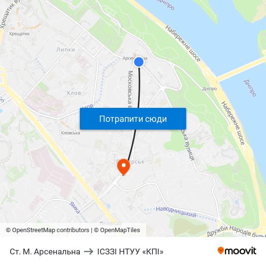 Ст. М. Арсенальна to ІСЗЗІ НТУУ «КПІ» map