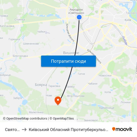 Святошин to Київський Обласний Протитуберкульозний Диспансер map