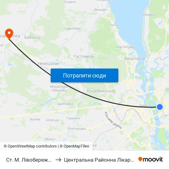Ст. М. Лівобережна to Центральна Районна Лікарня map