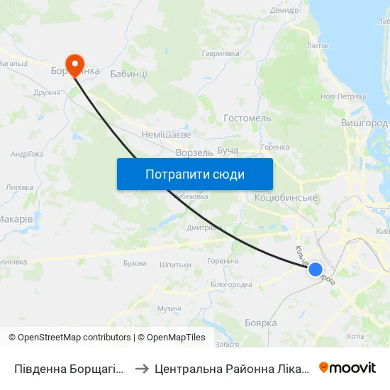 Південна Борщагівка to Центральна Районна Лікарня map