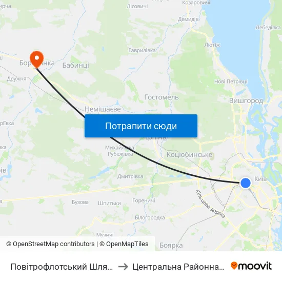 Повітрофлотський Шляхопровід to Центральна Районна Лікарня map