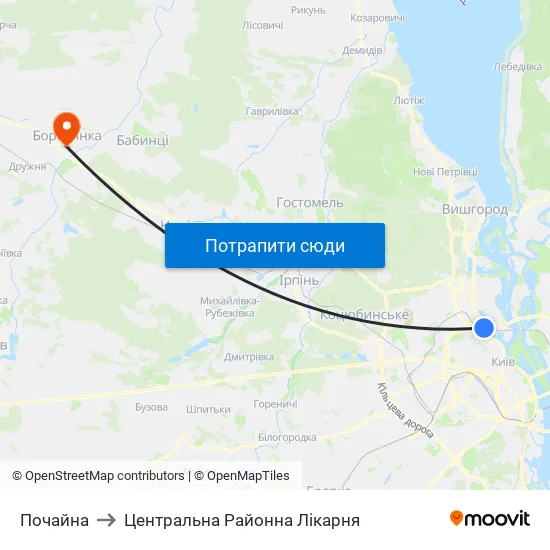 Почайна to Центральна Районна Лікарня map