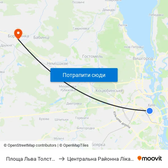 Площа Льва Толстого to Центральна Районна Лікарня map
