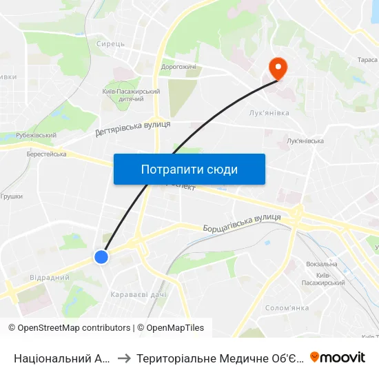 Національний Авіаційний Університет to Територіальне Медичне Об'Єднання Мвс України По Місту Києву map