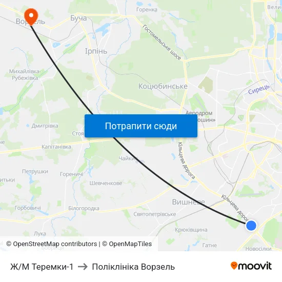 Ж/М Теремки-1 to Поліклініка Ворзель map