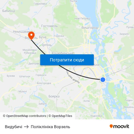 Видубичі to Поліклініка Ворзель map