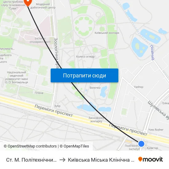 Ст. М. Політехнічний Інститут to Київська Міська Клінічна Лікарня №14 map