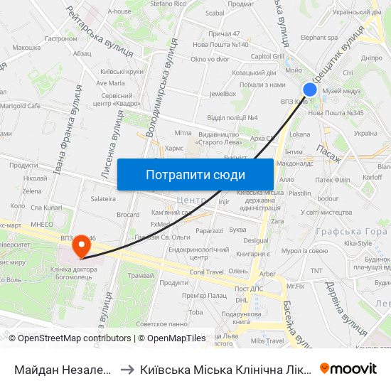 Майдан Незалежності to Київська Міська Клінічна Лікарня №18 map