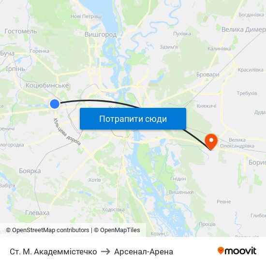 Ст. М. Академмістечко to Арсенал-Арена map