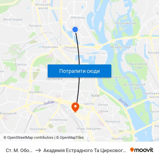 Ст. М. Оболонь to Академія Естрадного Та Циркового Мистецтв map