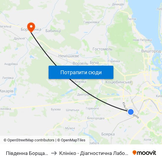 Південна Борщагівка to Клініко - Діагностична Лабораторія map