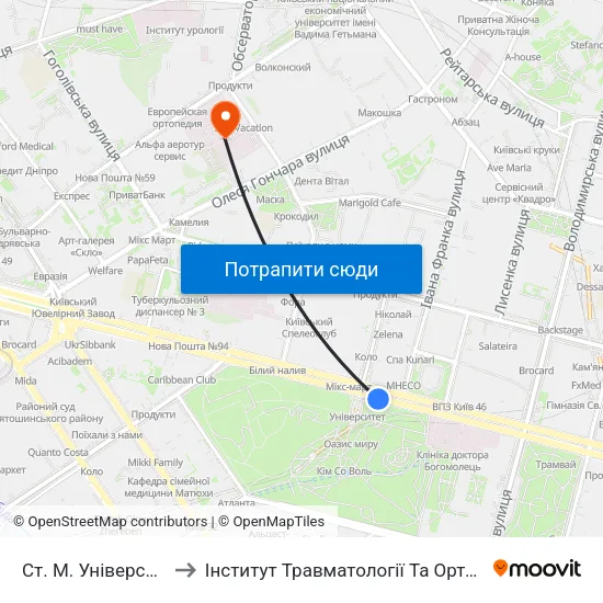 Ст. М. Університет to Інститут Травматології Та Ортопедії map