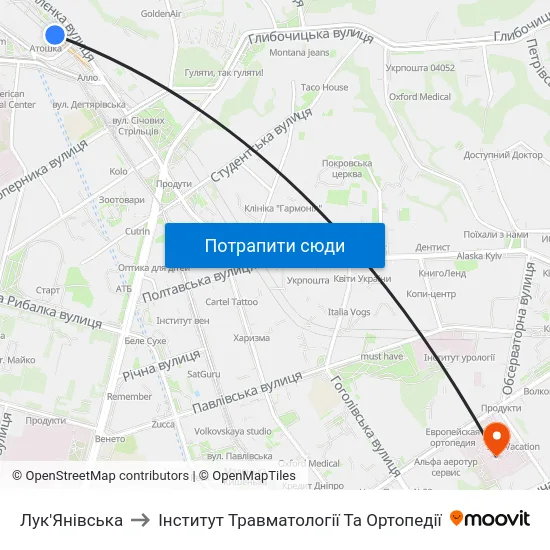 Лук'Янівська to Інститут Травматології Та Ортопедії map