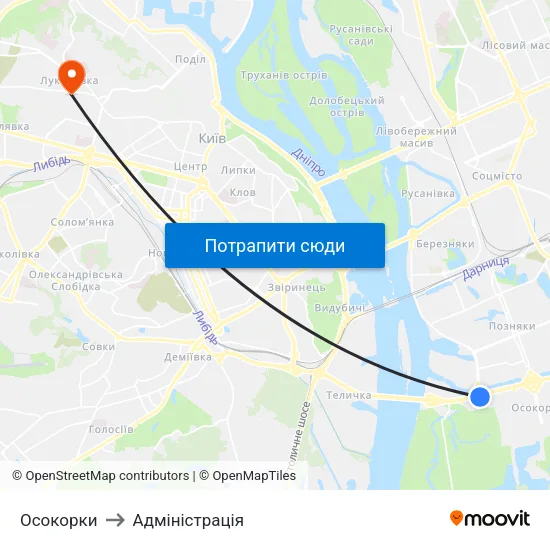 Осокорки to Адміністрація map