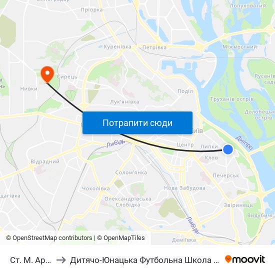 Ст. М. Арсенальна to Дитячо-Юнацька Футбольна Школа Імені Валерія Лобановського map