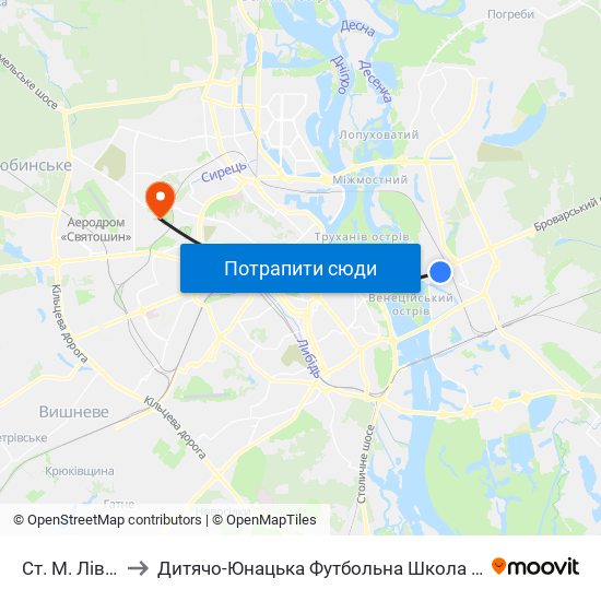 Ст. М. Лівобережна to Дитячо-Юнацька Футбольна Школа Імені Валерія Лобановського map