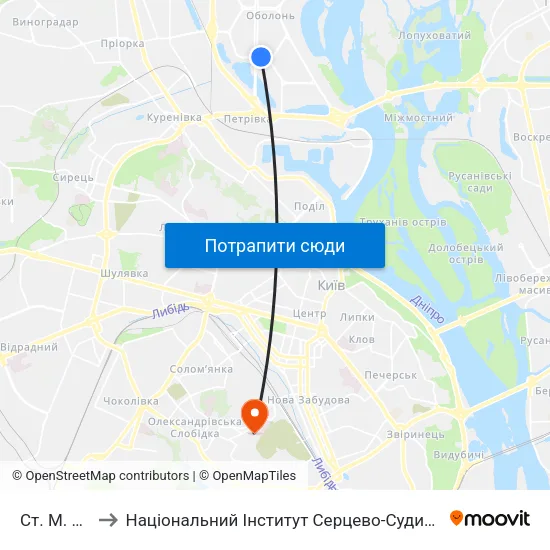 Ст. М. Оболонь to Національний Інститут Серцево-Судинної Хірургії Ім. М. М. Амосова map