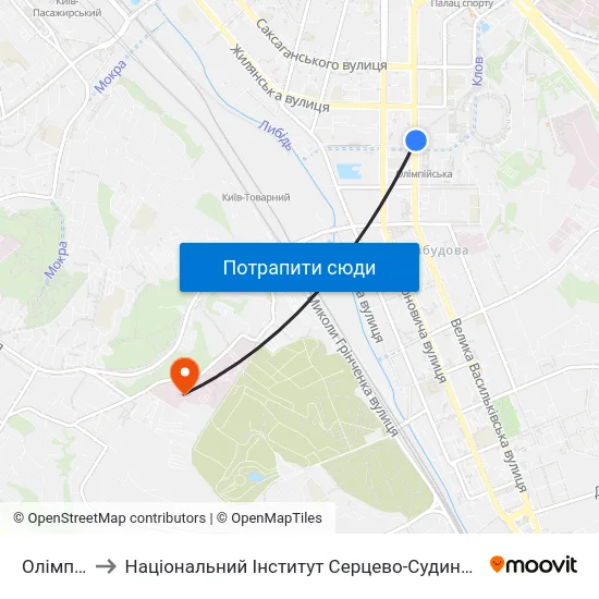 Олімпійська to Національний Інститут Серцево-Судинної Хірургії Ім. М. М. Амосова map