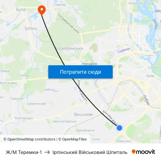 Ж/М Теремки-1 to Ірпінський Військовий Шпиталь map