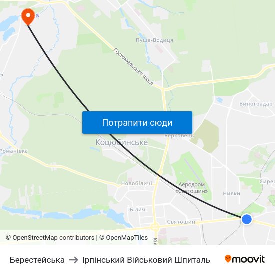 Берестейська to Ірпінський Військовий Шпиталь map