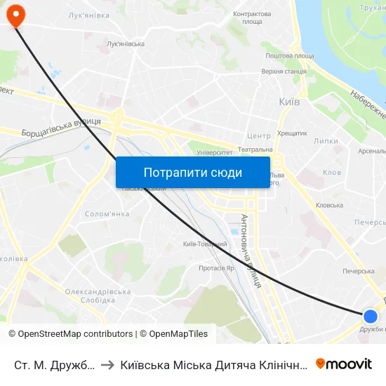 Ст. М. Дружби Народів to Київська Міська Дитяча Клінічна Інфекційна Лікарня map