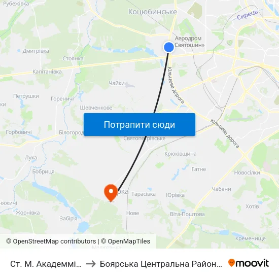 Ст. М. Академмістечко to Боярська Центральна Районна Лікарня map