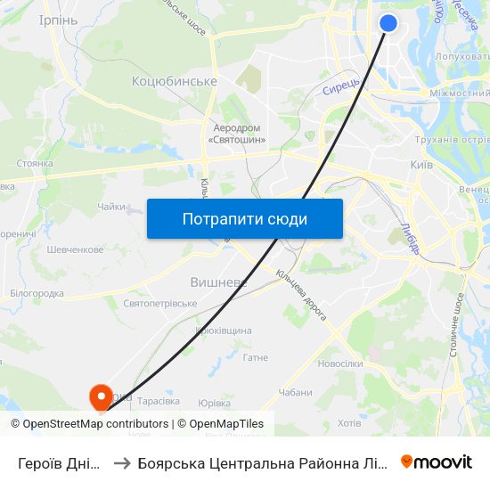 Героїв Дніпра to Боярська Центральна Районна Лікарня map