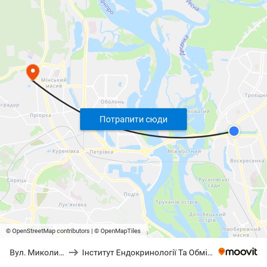 Вул. Миколи Закревського to Інститут Ендокринології Та Обміну Речовин Ім. В.П. Комісаренка map