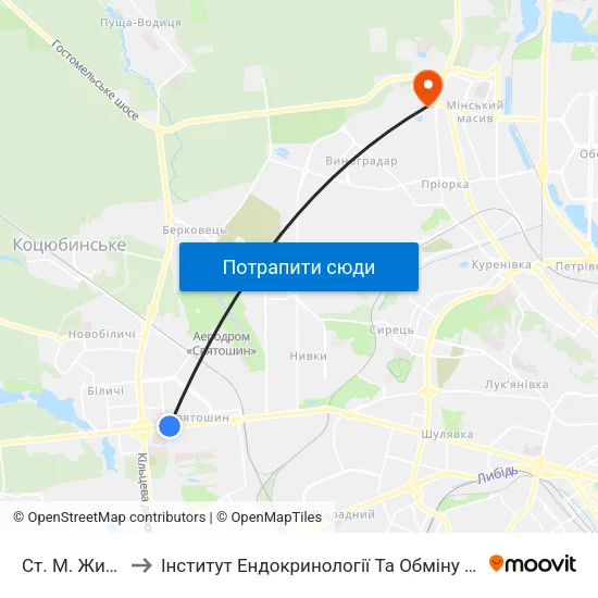 Ст. М. Житомирська to Інститут Ендокринології Та Обміну Речовин Ім. В.П. Комісаренка map
