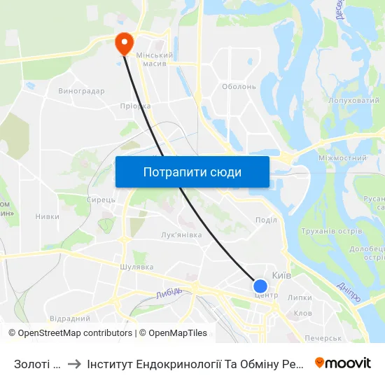Золоті Ворота to Інститут Ендокринології Та Обміну Речовин Ім. В.П. Комісаренка map