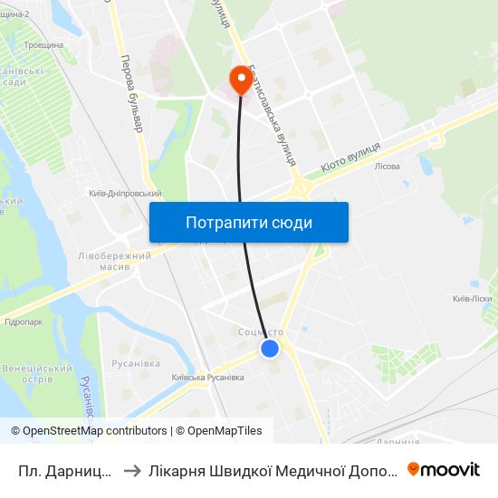 Пл. Дарницька to Лікарня Швидкої Медичної Допомоги map