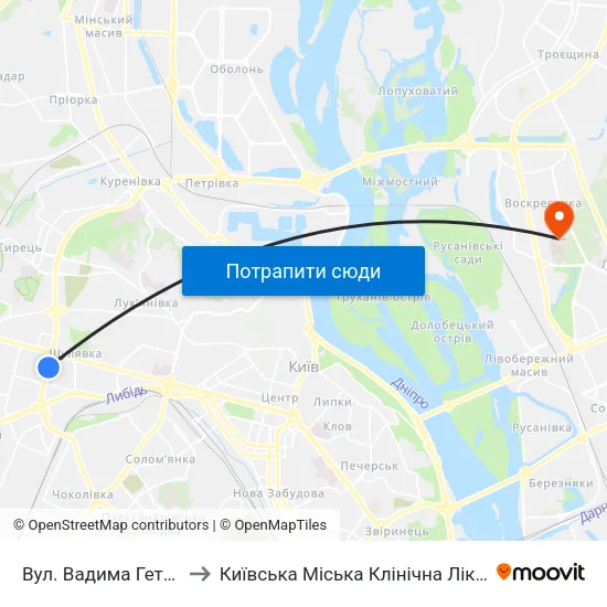 Вул. Вадима Гетьмана to Київська Міська Клінічна Лікарня №3 map