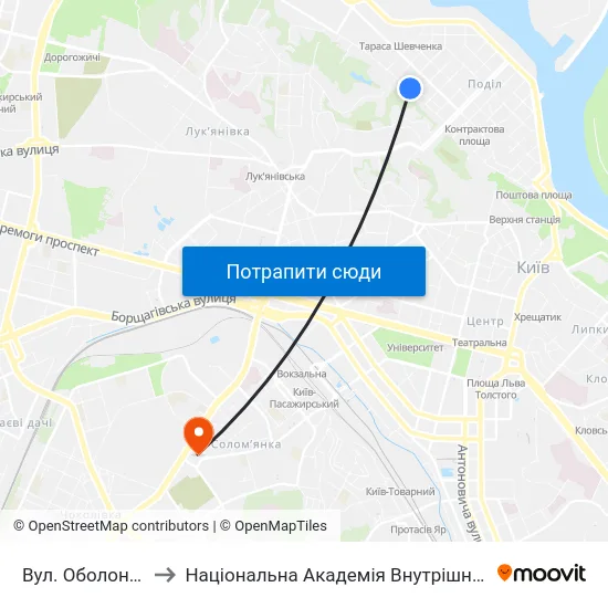 Вул. Оболонська to Національна Академія Внутрішніх Справ map
