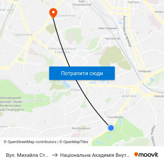 Вул. Михайла Стельмаха to Національна Академія Внутрішніх Справ map