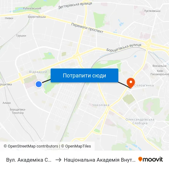 Вул. Академіка Стражеска to Національна Академія Внутрішніх Справ map