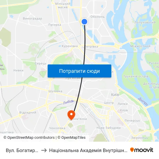 Вул. Богатирська to Національна Академія Внутрішніх Справ map
