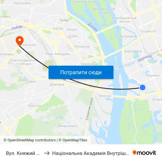 Вул. Княжий Затон to Національна Академія Внутрішніх Справ map
