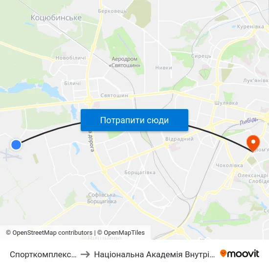 Спорткомплекс Чайка to Національна Академія Внутрішніх Справ map