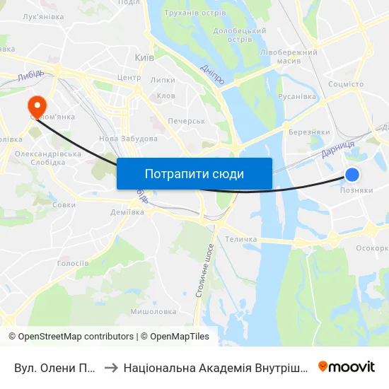 Вул. Олени Пчілки to Національна Академія Внутрішніх Справ map