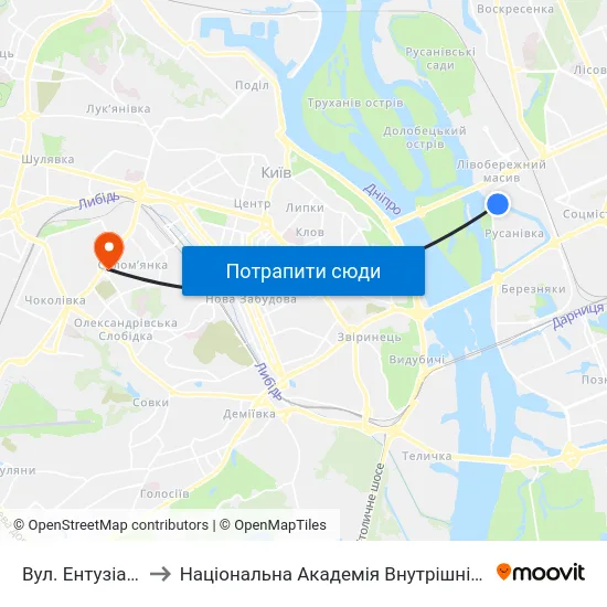 Вул. Ентузіастів to Національна Академія Внутрішніх Справ map